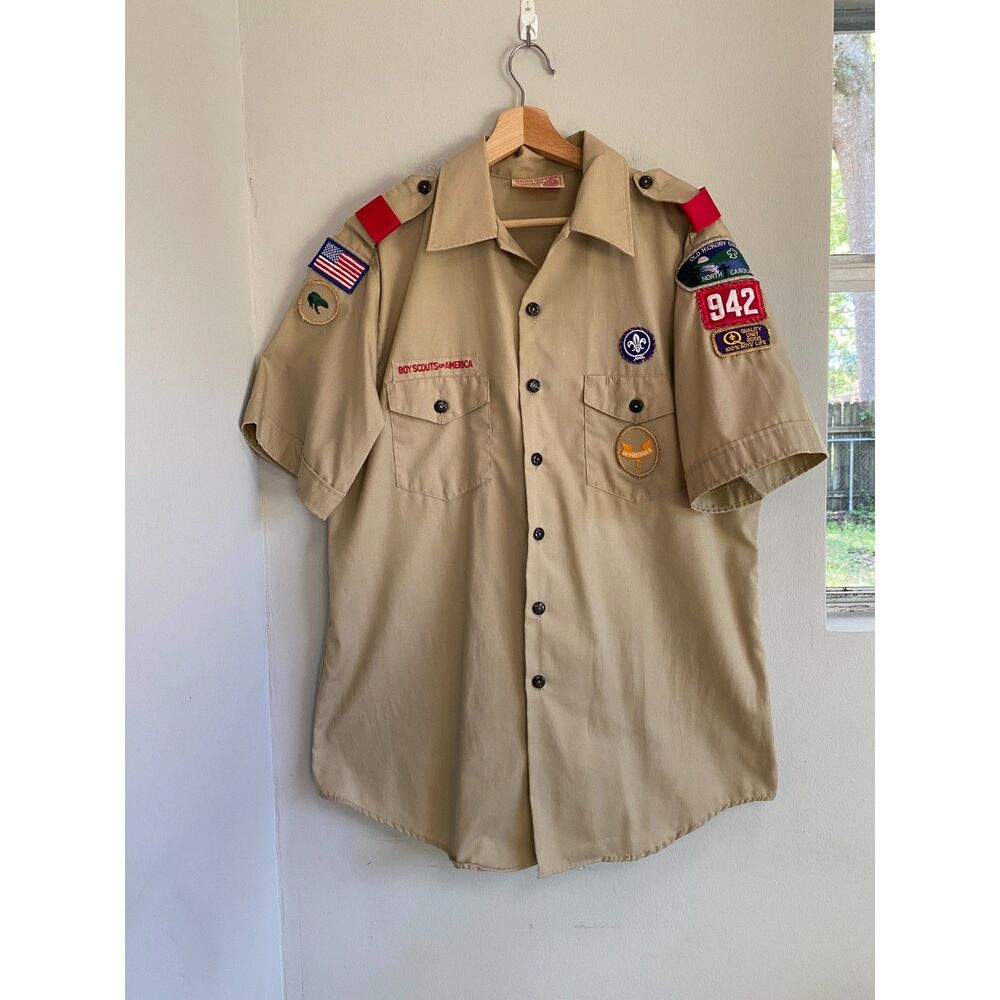 Vintage Boy Scouts of America Khaki Button Men's Shirt L NC, Made In USA